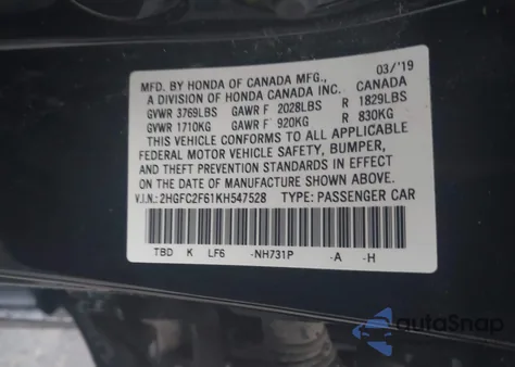 2019 Honda Civic Lx z USA, uszkodzony, nr VIN 2HGFC2F61KH547528
